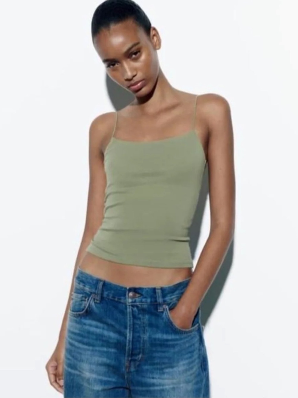 Zara Olive Green Slim Spaghetti-Strap Cami